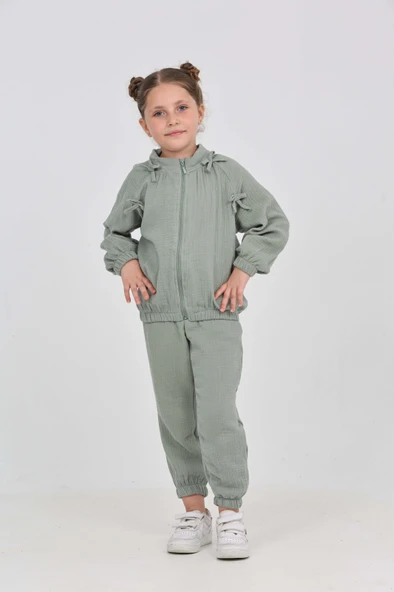 Toontoy Kız Çocuk 2'li Takım Dik Yaka Fermuarlı Reglan Kol Sweatshirt & Beli Paçası Lastikli Jogger Eşofman Altı - Fiyonk Detaylı & Dokuma Müslin ürün görseli 1