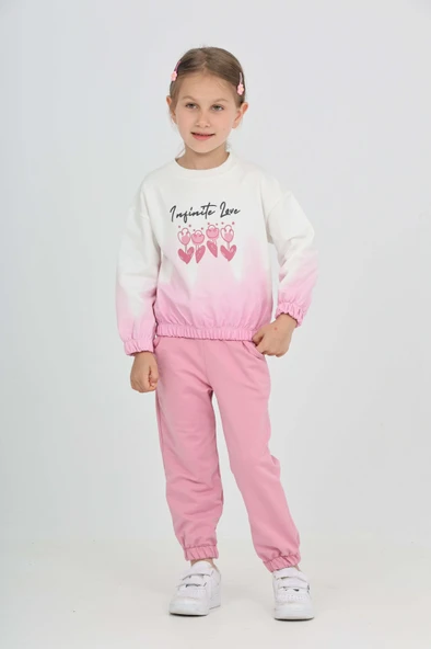 Toontoy Kız Çocuk 2'li Takım Baskılı Bisiklet Yaka Sweatshirt & Beli Paçası Lastikli Cepli Jogger Eşofman Altı - Renk Bloklu & 2 İplik ürün görseli 1