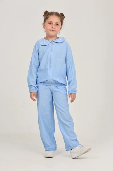 Toontoy Kız Çocuk 2'li Takım Baskılı Kapüşonlu Fermuarlı Cepli Sweatshirt & Beli Paçası Lastikli Jogger Eşofman Altı - Müslin ürün görseli 1