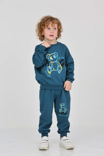 Toontoy Erkek Çocuk 2'li Takım Baskılı Bisiklet Yaka Sweatshirt & Beli Paçası Lastikli Cepli Jogger Eşofman Altı - 2 İplik ürün görseli 1