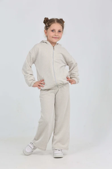 Toontoy Kız Çocuk 2'li Takım Çizgili Kapüşonlu Fermuarlı Cepli Sweatshirt & Beli Lastikli Bol Paça Eşofman Altı - Müslin ürün görseli 1