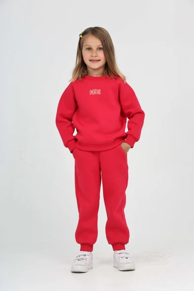 Toontoy Kız Çocuk 2'li Takım Bisiklet Yaka Sweatshirt & Beli Paçası Lastikli Cepli Jogger Eşofman Altı - 3 İplik Şardonlu ürün görseli 1