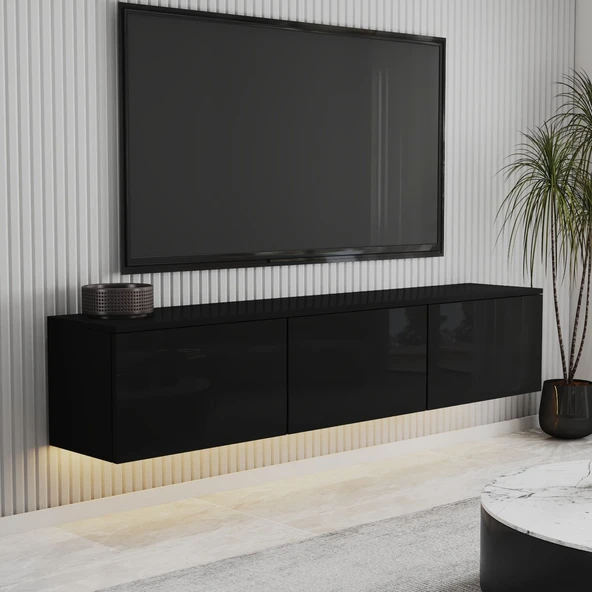 T0020 Alston Duvara Monte Sehpası – LED Işıklı, Modern Tasarım, 160 cm  Parlak Siyah ürün görseli 1