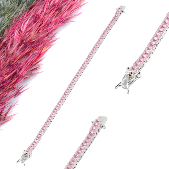 Pembe Taşlı Sıvama Su Yolu Gümüş Bileklik ürün görseli 1