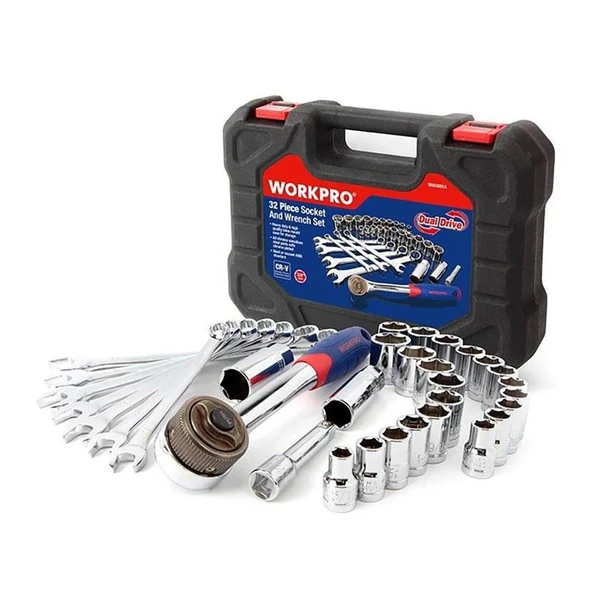 WORKPRO WP202528 3/8’’ Metrik/İnç 32 Parça Cr-V Profesyonel Lokma ve Kombine Anahtar Takımı ürün görseli 1
