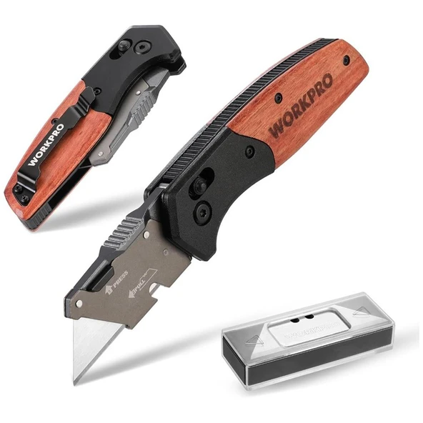 WORKPRO WP211035 Ağır Hizmet Çelik/Ahşap Gövde Katlanır Rötuş Maket Bıçağı + 11 Adet Yedek Bıçak ürün görseli 1