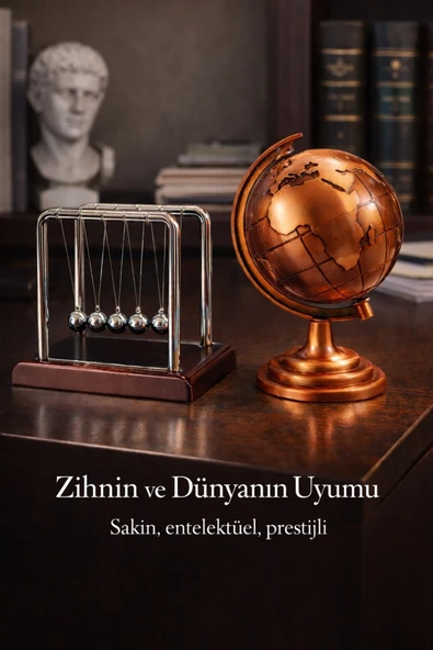 Şık Gösterişli Ofis MasaÜstü Dekoratif Retro Metal Bronz Dünya Küresi & Newton Denge Topu Hediye Set ürün görseli 1