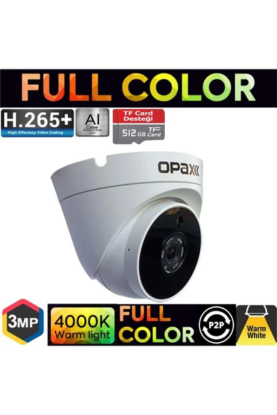 OPAX -2553 3MP IP TFT CARD DESTEĞİ H.265+ 3 WARM LIGHT FULL COLOR 3.6 MM METAL DOME CAMERA ürün görseli 1