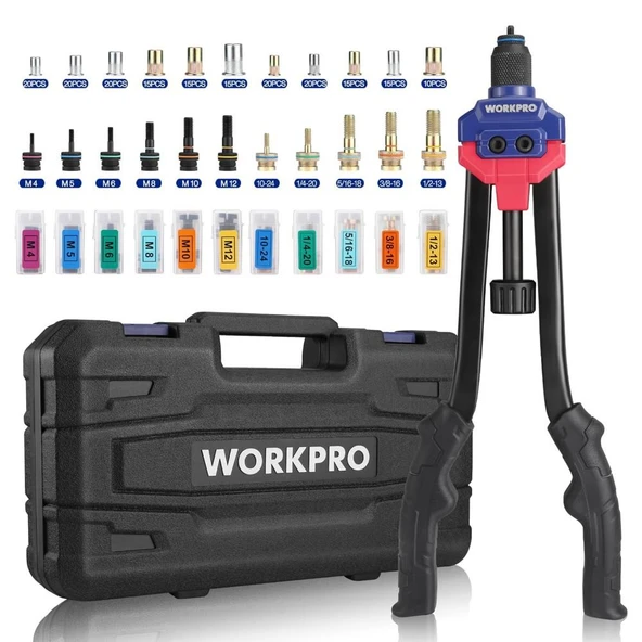 WORKPRO WP200532 400mm INC/MM Ağır Hizmet Kollu Somun Perçinleme Tabancası + 185 Adet Perçin ürün görseli 1