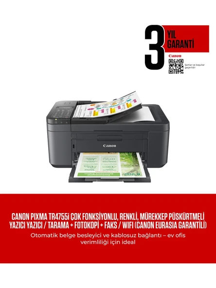 Canon Pixma TR4755I Wi-Fi + Tarayıcı + Fotokopi + Faks Renkli Çok Fonksiyonlu Mürekkep Püskürtmeli Yazıcı(TEŞHİR) ürün görseli 1