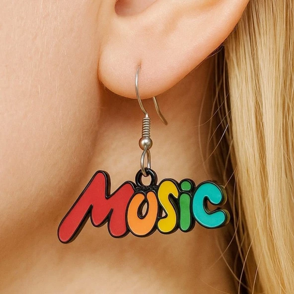 Music Yazısı Şekilli Mineli Kadın Küpe Çift Adet El Yapımı Küpe ürün görseli 1
