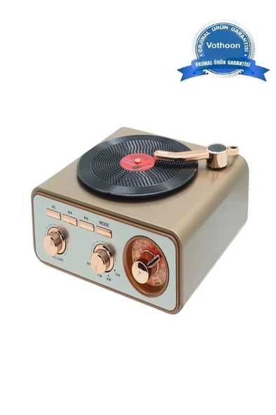 Metalik Nostaljik Tasarım Plak Çalar Görünümlü Radyolu Bluetooth Hoparlör Retro Müzik Plak ürün görseli 1