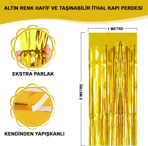 Altın Gold Renk Ekstra Metalize Parlak Saçaklı Arka Fon Perde İthal A Kalite 1x2 Metre ürün görseli 1
