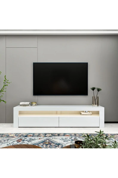 Batı LED Işıklı 2 Kapaklı TV Sehpası – 150 cm – Minimal Tasarım  Beyaz ürün görseli 1