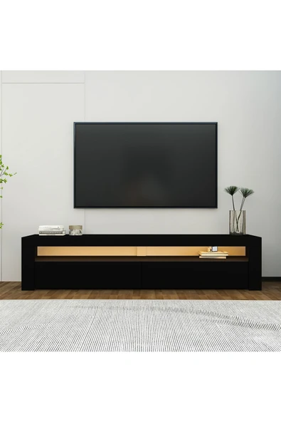 Batı LED Işıklı 2 Kapaklı TV Sehpası – 150 cm – Minimal Tasarım  Siyah ürün görseli 1