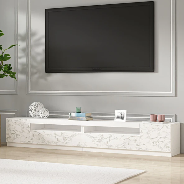 Arya T008 LED Işıklı Modern TV Sehpası Seti - 4 Kapaklı, 240 cm  Orma Mermer/Beyaz ürün görseli 1