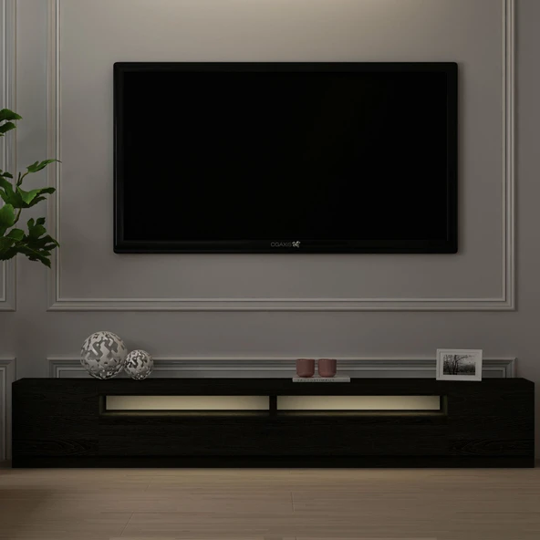 Arya T008 LED Işıklı Modern TV Sehpası Seti - 4 Kapaklı, 240 cm  Ahşap Siyah ürün görseli 1