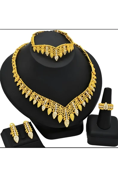 Jadem Gold 24k Altın Kaplama 4 Parça Orta Doğu Dubai Düğün Takı Seti, Kolye, Küpe ve Yüzük İçerir - Şık Tasarım ürün görseli 1