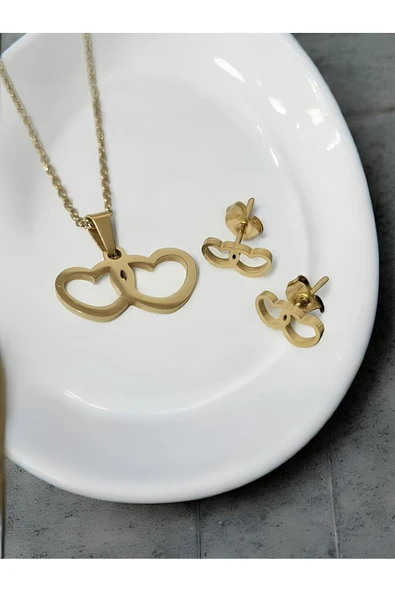 Jadem Gold Paslanmaz Çelik İki Kalpli Kalye Küpe Seti ürün görseli 1