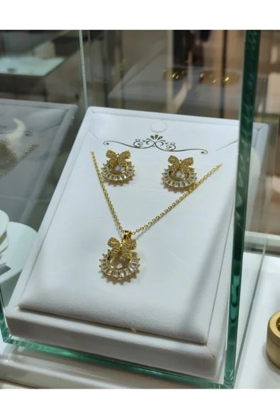 Jadem Gold Zirkon Taşlı Paslanmaz Çelik Küpe Kolye Set ürün görseli 1