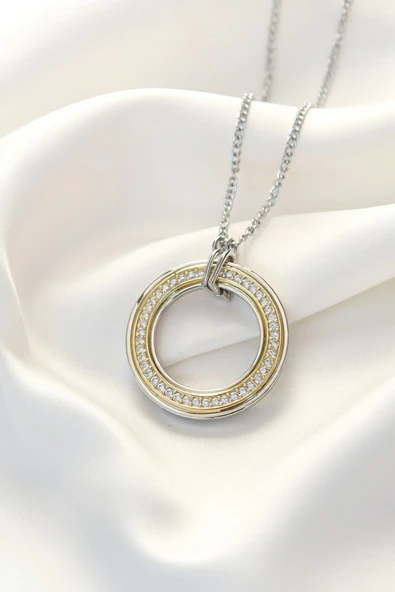 Jadem Gold 316L Çelik Zirkon Taşlı Çift Renkli Kolye ürün görseli 1