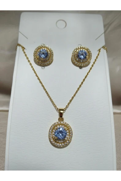 Jadem Gold Zirkon Taşlı Paslanmaz Çelik Küpe Kolye Set ürün görseli 1