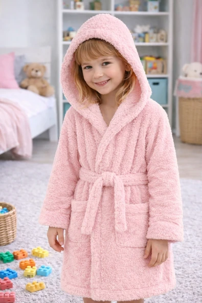 Luna Soft Kız / Erkek Çocuk Kapşonlu Wellsoft Bornoz Peluş Sabahlık  Pudra ürün görseli 1