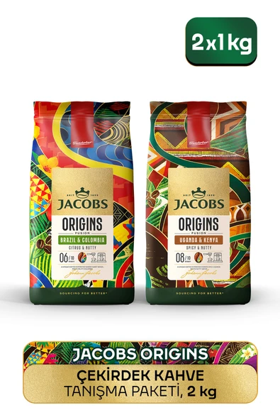 Jacobs Origins Brazil & Colombia + Uganda & Kenya Çekirdek Kahve 1 Kg 2'li Paket ürün görseli 1