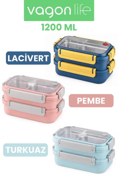 1200 ML İki Kat Üç Bölme Paslanmaz Çelik Bento Lunch Box Yeni Nesil Sefer Tası Çelik Kaşıklı -22FF15 2215 ürün görseli 1