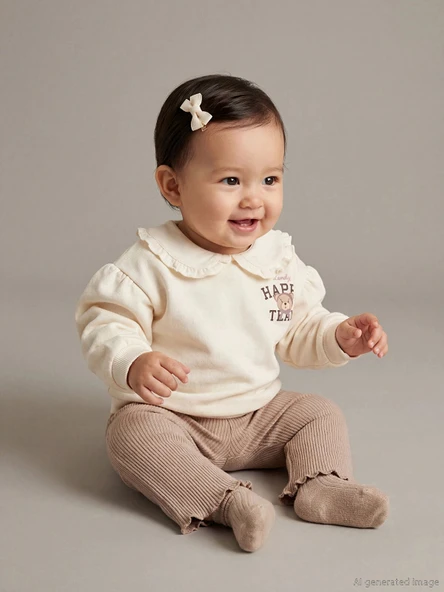 LCW baby Ekru Bebe Yaka Kız Bebek Sweatshirt ve Tayt ürün görseli 1