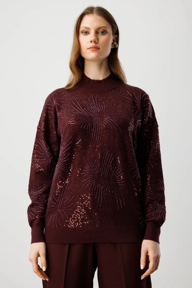 On Fashion Kadın Sıfır Yaka Önü Taşlı Bordo Triko Kazak 60323 ürün görseli 1