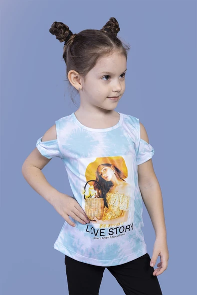 Toontoy Kız Çocuk Baskılı Bisiklet Yaka Kısa Kollu Tişört - Omuzları Açık ürün görseli 1