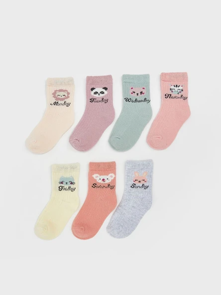 LCW Kids Pembe Baskılı Kız Bebek Soket Çorap 7'li ürün görseli 1