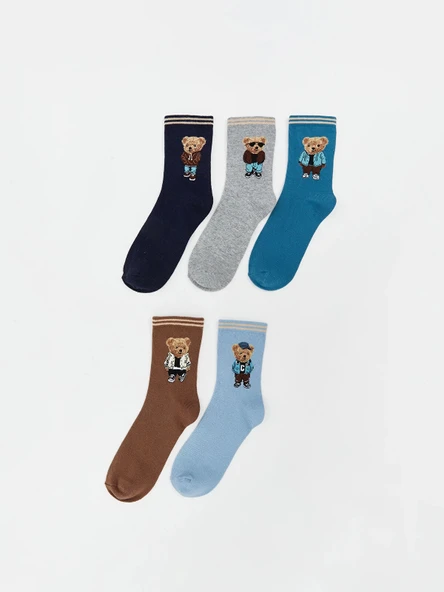 LCW Kids Karişik Ayı Teddy Desenli Erkek Çocuk Soket Çorap 5'li ürün görseli 1
