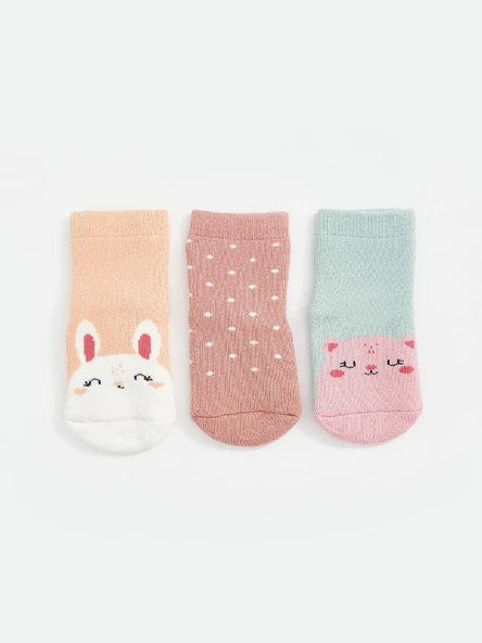 LCW baby Pembe Nakışlı Kız Bebek Soket Çorap 3'lü ürün görseli 1