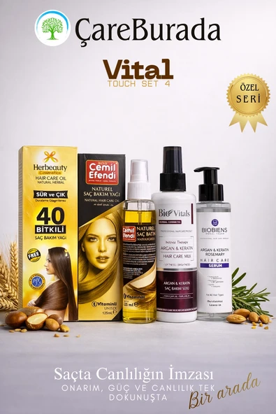 ÇareBurada Vital Touch Set 4 - CemilEfendi Saç Bakım Yağı 125 ml + BioVitals Argan & Keratin Saç Bakım Sütü + Biobiens A ürün görseli 1