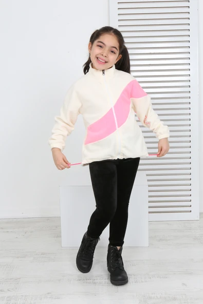 Toontoy Kız Çocuk Dik Yaka Fermuarlı Renk Bloklu Reglan Kol Polar Hırka - Beli Ayarlanabilir Lastikli ürün görseli 1