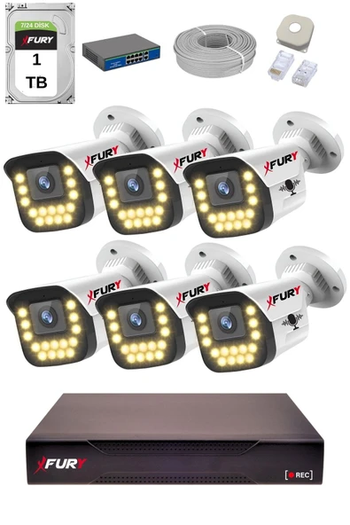FURY 15 Warm LED Ip Güvenlik Kamera Seti 6 Kameralı Sesli 4mp Gece Renkli Su Geçirmez 1403s 1TB ürün görseli 1