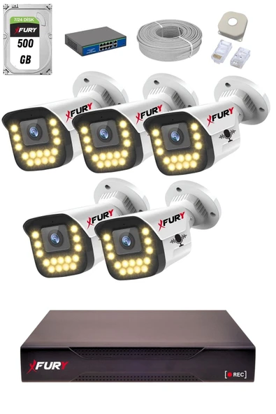 FURY 15 Warm LED Ip Güvenlik Kamera Seti 5 Kameralı Sesli 4mp Gece Renkli Su Geçirmez 1403s 500GB ürün görseli 1