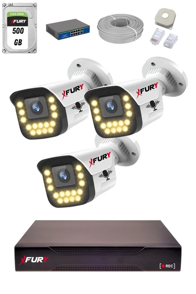 FURY 15 Warm LED Ip Güvenlik Kamera Seti 3 Kameralı Sesli 4mp Gece Renkli Su Geçirmez 1403s 500GB ürün görseli 1