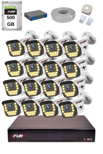 FURY 15 Warm LED Ip Güvenlik Kamera Seti 16 Kameralı Sesli 4mp Gece Renkli Su Geçirmez 1403s 500GB ürün görseli 1