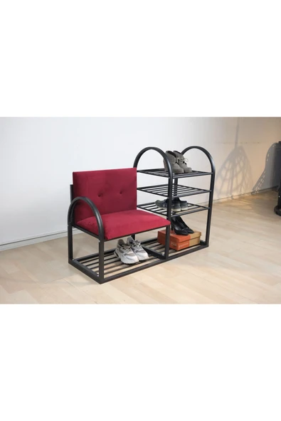 LUMİS GARDEN Oturaklı Ayakkabılık, Metal Raflı Ayakkabılık, Bordo Puflu Ayakkabılık ürün görseli 1