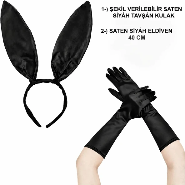 Siyah Parlak Tavşan Kulak Ve 40 Cm Parlak Siyah Eldiven Kostüm Seti mirSM0010K-E139-F041 ürün görseli 1