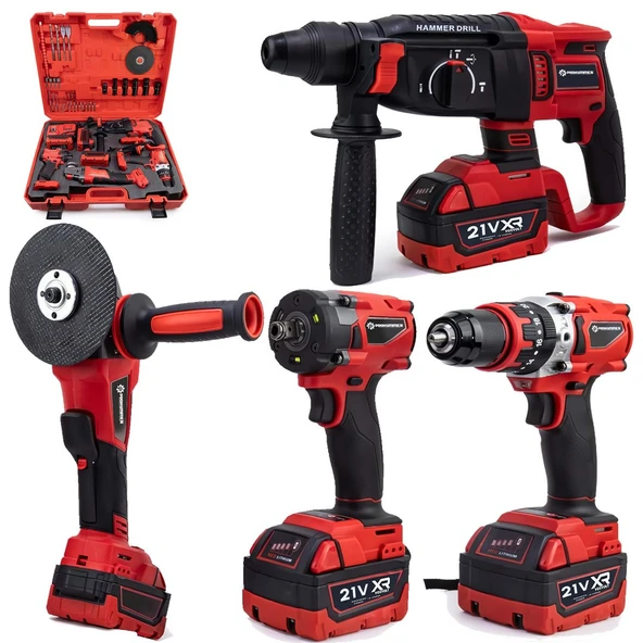 Prohummer PH304 Profesyonel Yeni Kırmızı 4lü Set Makine - 350Nm Somun Sökme, Kırıcı Delici, 125mm Avuç Taşlama, 13mm Vidalama Matkap ürün görseli 1