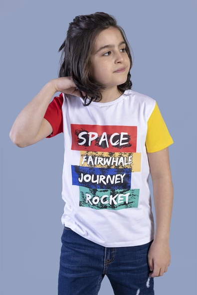 Toontoy Erkek Çocuk Baskılı Bisiklet Yaka Kısa Kollu Tişört - Renk Bloklu ürün görseli 1