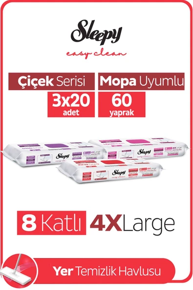 Sleepy Easy Clean Lilyum+Kiraz Ç+Orkide Mopa Uyumlu Yer Temizlik Havlusu 3X20 (60 Yaprak) ürün görseli 1