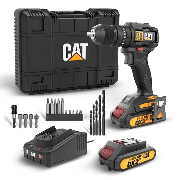 CAT DX1010.1 18Volt 2.0Ah Li-ion Çift Akülü Kömürsüz Profesyonel Şarjlı Darbeli Matkap + 20 Parça Delme Vidalama Uç Seti ürün görseli 1