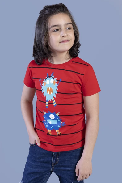 Toontoy Erkek Çocuk Baskılı Bisiklet Yaka Kısa Kollu Çizgili Tişört ürün görseli 1