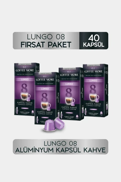 Coffee More 8 Lungo Kapsül Kahve 10 x 4 Paket ( 40 Adet ) Nespresso Uyumlu ürün görseli 1