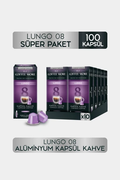 Coffee More 8 Lungo Kapsül Kahve 10 x 10 Paket ( 100 Adet ) Nespresso Uyumlu ürün görseli 1